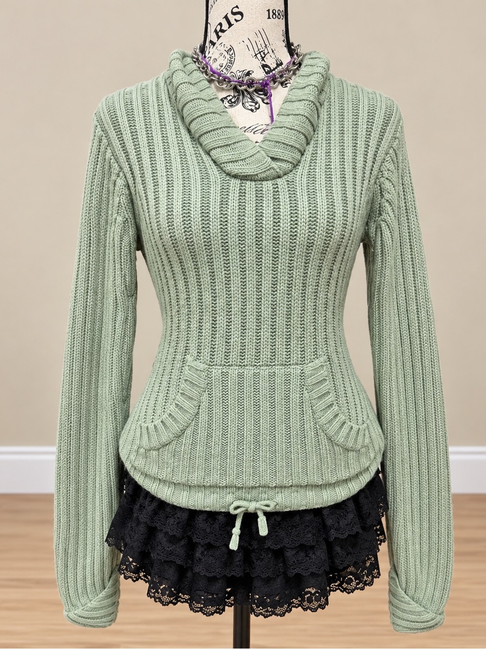Chesley Sage Green Ribbed Cowl Neck Sweater with Front Pocket